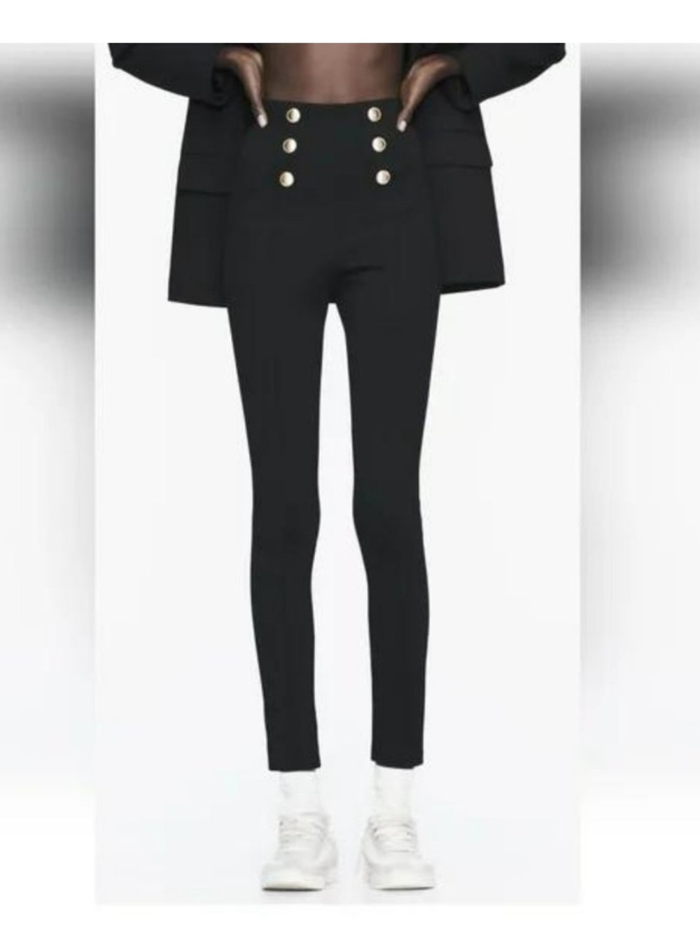 Zara Black High-Waist Skinny Pants with Gold Buttons